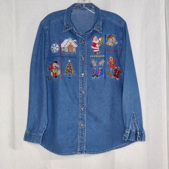 Bobbie Brooks Vintage Embroidered Christmas Button Front Chambray Blouse - Picture 1 of 12